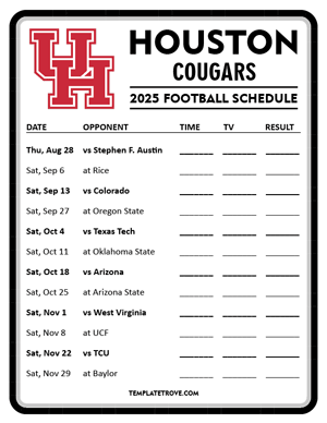 Houston Cougars Football 2025
 Printable Schedule - Style 4