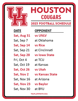 Houston Cougars Football 2025
 Printable Schedule