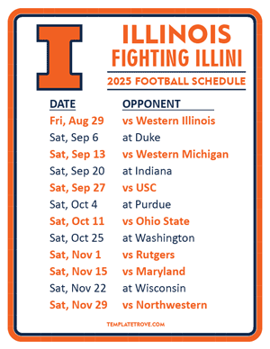 Illinois Fighting Illini Football 2025
 Printable Schedule