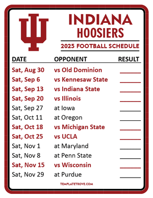 Indiana Hoosiers Football 2025
 Printable Schedule  - Style 2
