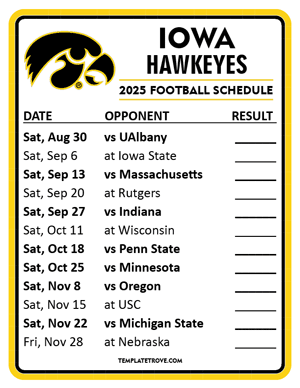 Iowa Hawkeyes Football 2025
 Printable Schedule  - Style 2
