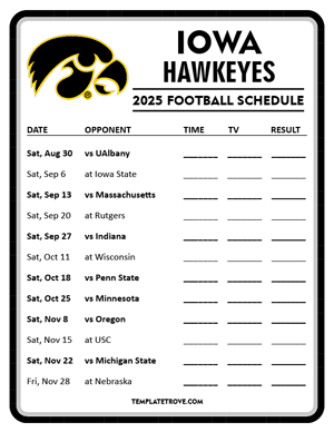 Iowa Hawkeyes Football 2025
 Printable Schedule - Style 4