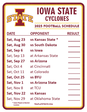 Iowa State Cyclones Football 2025
 Printable Schedule  - Style 2