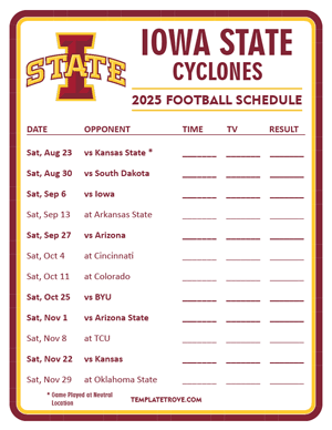Iowa State Cyclones Football 2025
 Printable Schedule - Style 3