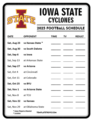 Iowa State Cyclones Football 2025
 Printable Schedule - Style 4
