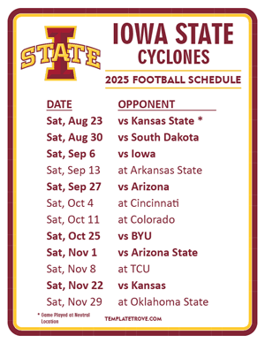 Iowa State Cyclones Football 2025
 Printable Schedule