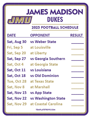 James Madison Dukes Football 2025
 Printable Schedule  - Style 2