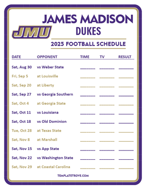 James Madison Dukes Football 2025
 Printable Schedule - Style 3