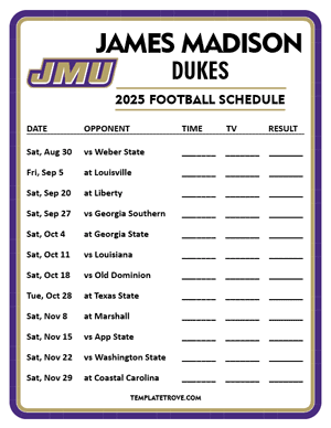 James Madison Dukes Football 2025
 Printable Schedule - Style 4