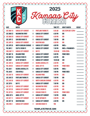 Kansas City Current 2025
 Printable Soccer Schedule - Pacific Times