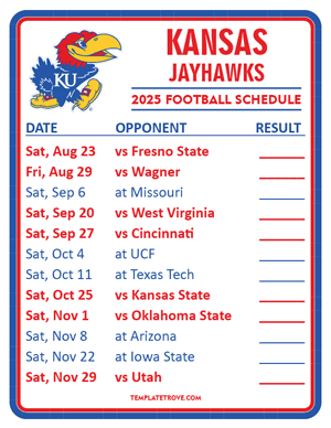 Kansas Jayhawks Football 2025
 Printable Schedule  - Style 2