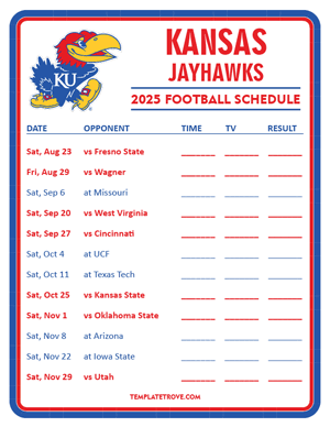 Kansas Jayhawks Football 2025
 Printable Schedule - Style 3