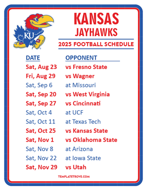 Kansas Jayhawks Football 2025
 Printable Schedule