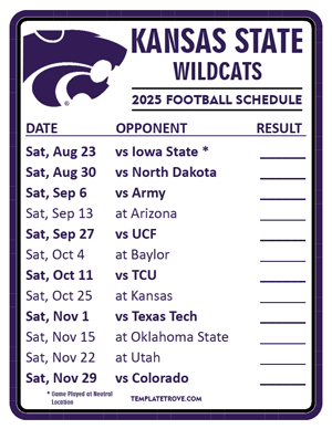Kansas State Wildcats Football 2025
 Printable Schedule  - Style 2