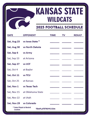 Kansas State Wildcats Football 2025
 Printable Schedule - Style 3