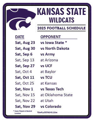 Kansas State Wildcats Football 2025
 Printable Schedule