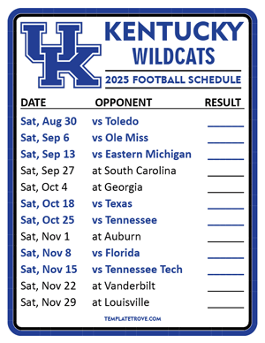 Kentucky Wildcats Football 2025
 Printable Schedule  - Style 2