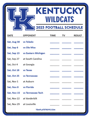 Kentucky Wildcats Football 2025
 Printable Schedule - Style 3