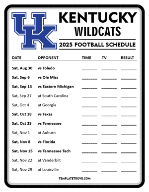 Kentucky Wildcats Football 2025
 Printable Schedule - Style 4