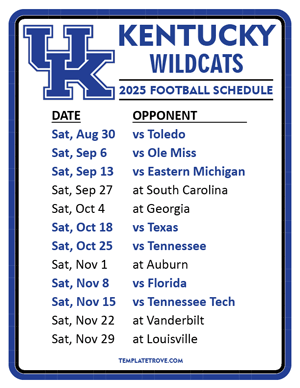 Kentucky Wildcats Football 2025
 Printable Schedule