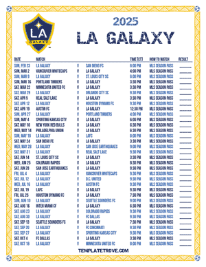 LA Galaxy 2025
 Printable Soccer Schedule - Central Times