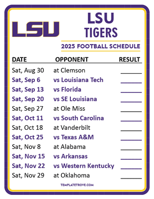 LSU Tigers Football 2025
 Printable Schedule  - Style 2