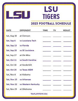 LSU Tigers Football 2025
 Printable Schedule - Style 3