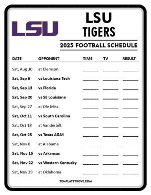 LSU Tigers Football 2025
 Printable Schedule - Style 4