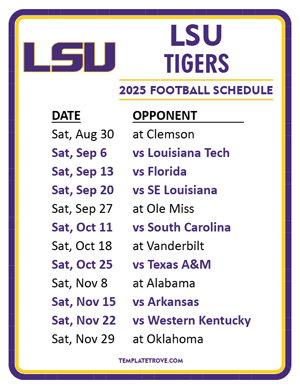 LSU Tigers Football 2025
 Printable Schedule
