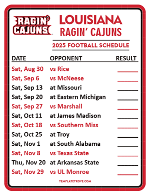 Louisiana Ragin Cajuns Football 2025
 Printable Schedule  - Style 2