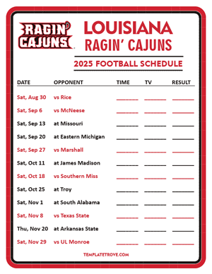 Louisiana Ragin Cajuns Football 2025
 Printable Schedule - Style 3