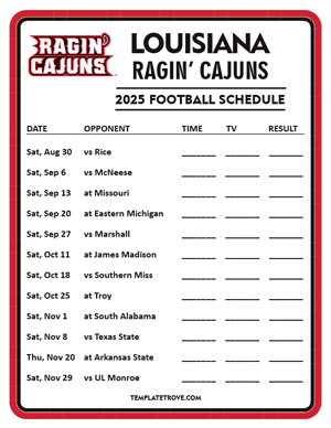 Louisiana Ragin Cajuns Football 2025
 Printable Schedule - Style 4
