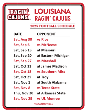 Louisiana Ragin Cajuns Football 2025
 Printable Schedule