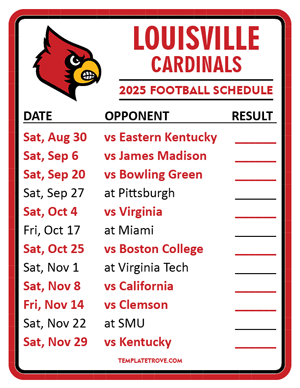 Louisville Cardinals Football 2025
 Printable Schedule  - Style 2