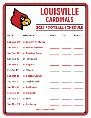 Louisville Cardinals Football 2025
 Printable Schedule - Style 3
