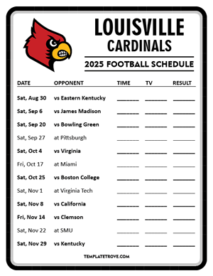 Louisville Cardinals Football 2025
 Printable Schedule - Style 4