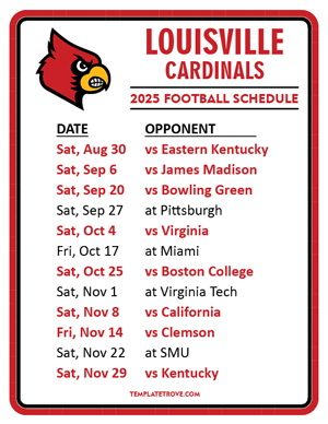 Louisville Cardinals Football 2025
 Printable Schedule
