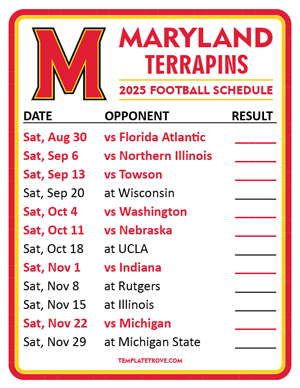 Maryland Terrapins Football 2025
 Printable Schedule  - Style 2