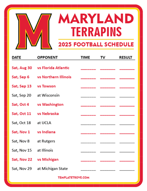 Maryland Terrapins Football 2025
 Printable Schedule - Style 3