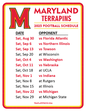 Maryland Terrapins Football 2025
 Printable Schedule