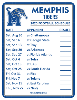 Memphis Tigers Football 2025
 Printable Schedule  - Style 2