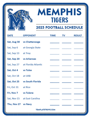 Memphis Tigers Football 2025
 Printable Schedule - Style 3
