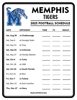 Memphis Tigers Football 2025
 Printable Schedule - Style 4