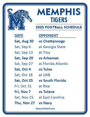 Memphis Tigers Football 2025
 Printable Schedule