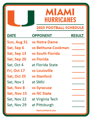 Miami Hurricanes Football 2025
 Printable Schedule  - Style 2