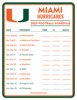 Miami Hurricanes Football 2025
 Printable Schedule - Style 3