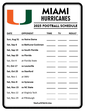 Miami Hurricanes Football 2025
 Printable Schedule - Style 4