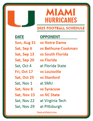 Miami Hurricanes Football 2025
 Printable Schedule