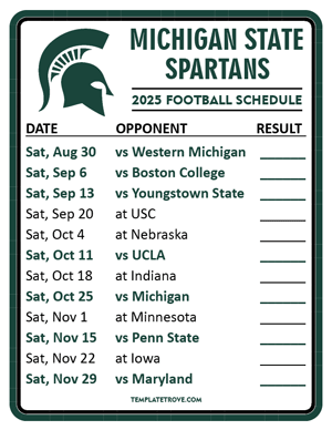 Michigan State Spartans Football 2025
 Printable Schedule  - Style 2
