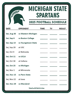 Michigan State Spartans Football 2025
 Printable Schedule - Style 3